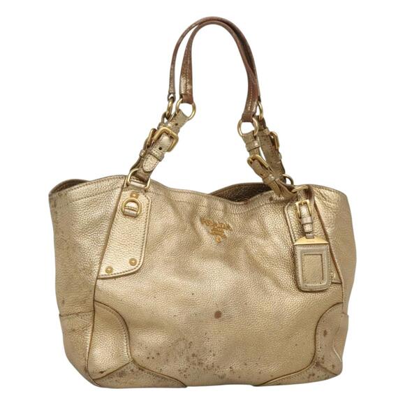 PRADA Tote Bag Leather Gold Tone - Picture 1 of 12